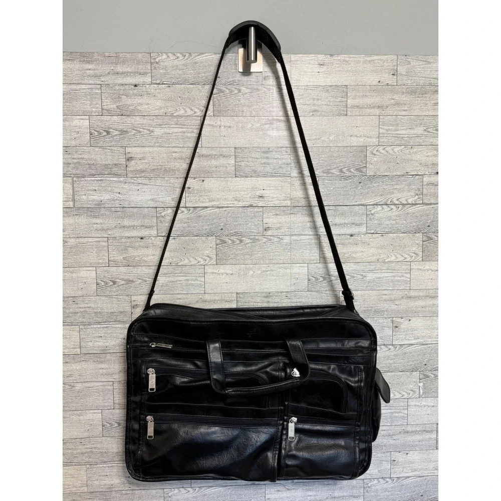 Philippe Amiel‎ Black Leather Multi-Pocket Travel Bag Briefcase Adjustable Strap